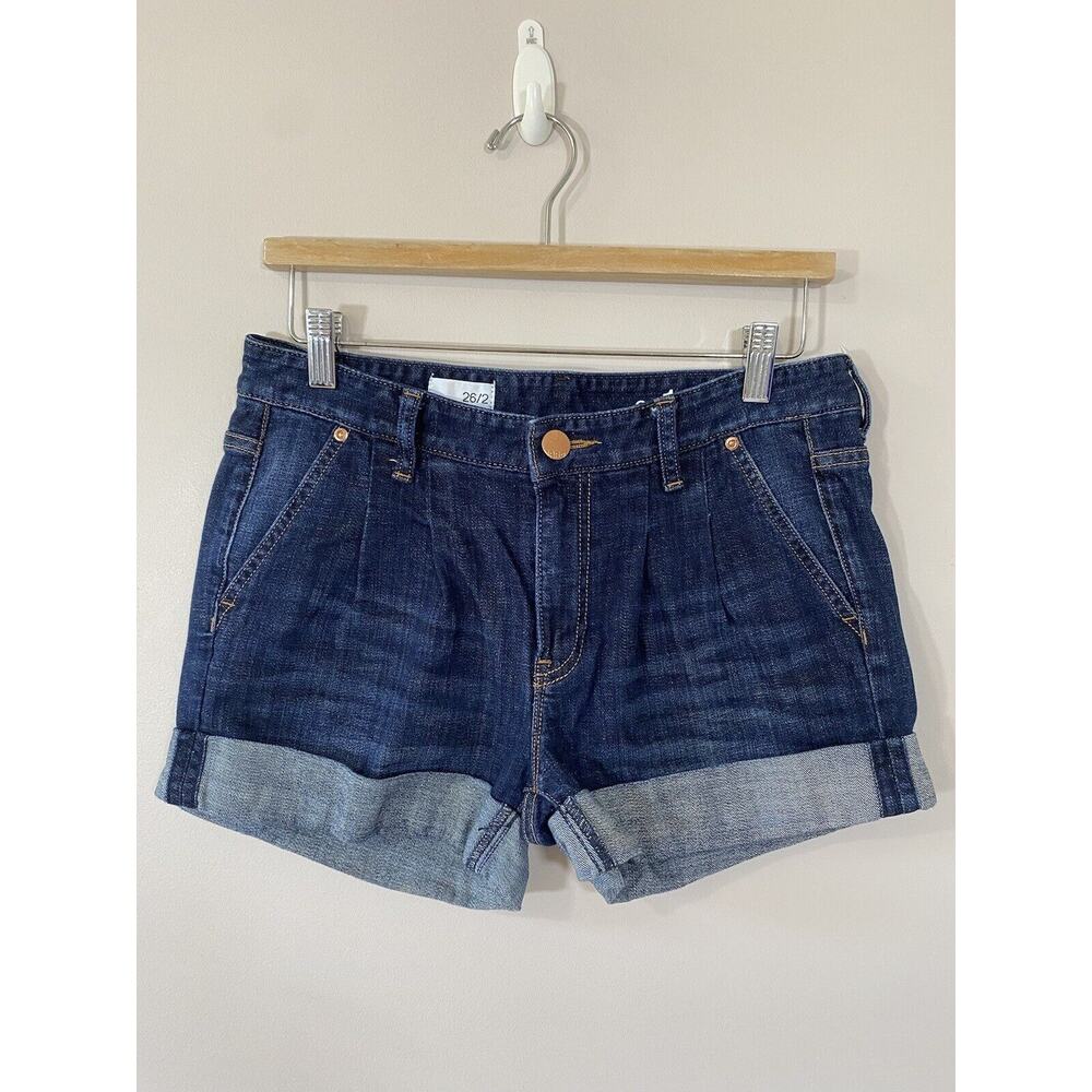 GAP 1969 Pleated Denim Blue Jean Shorts Cuffed Size 26/2 Dark Wash Stretch